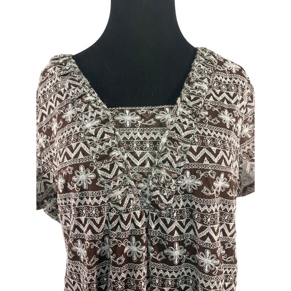 Liz Claiborne Womens XL Brown White Embroidered Short Sleeve Layered Geometric T - Picture 2 of 9